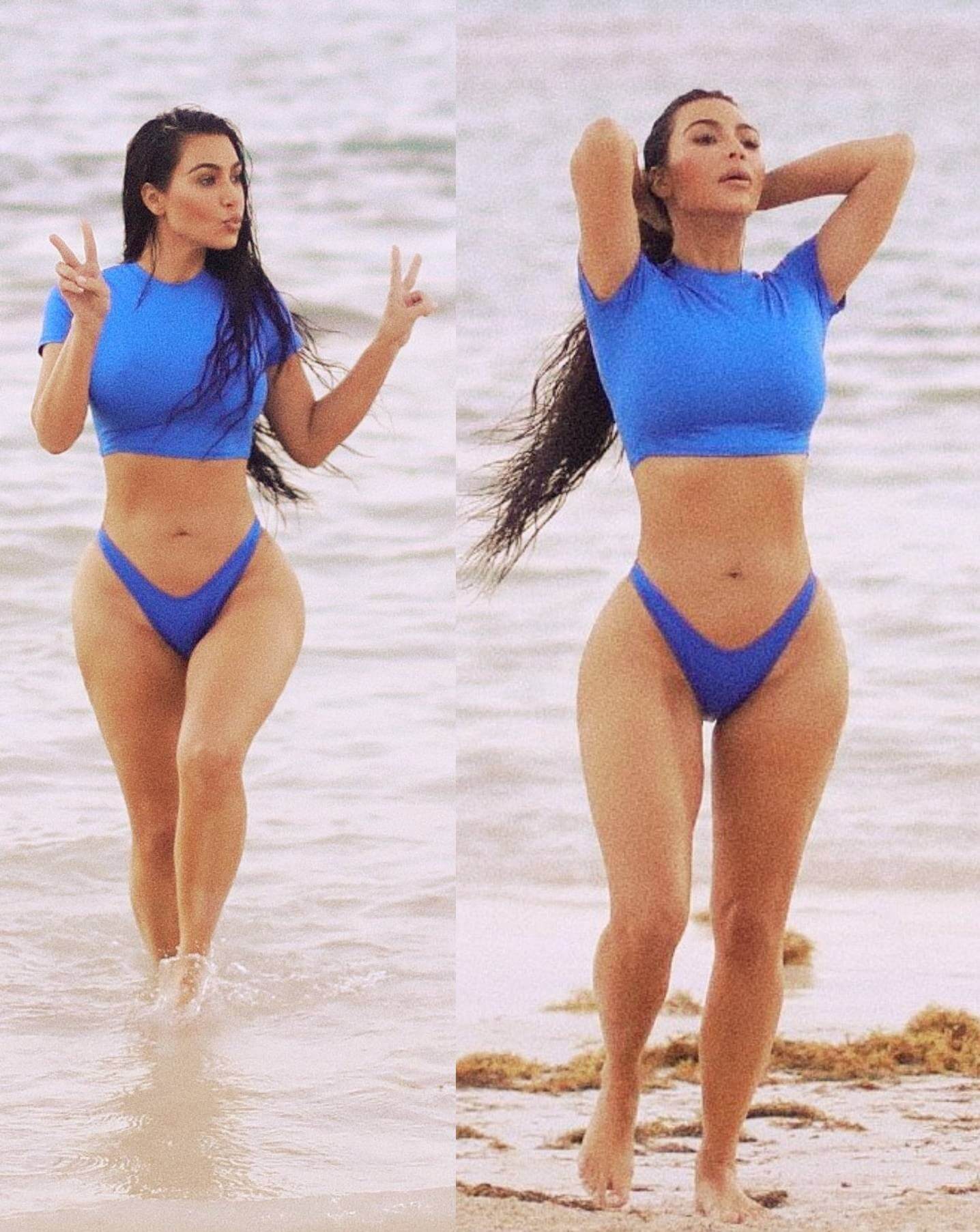kim kardashian flaunts curves in royal blue bikini beach photoshoot