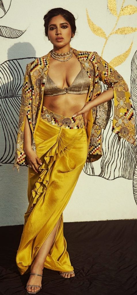 bhumi pednekar sexy cleavage in bronze bralette and dhoti skirt anamika khanna
