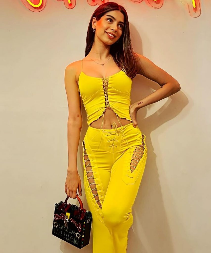 khushi kapoor yellow lace tie top and pant