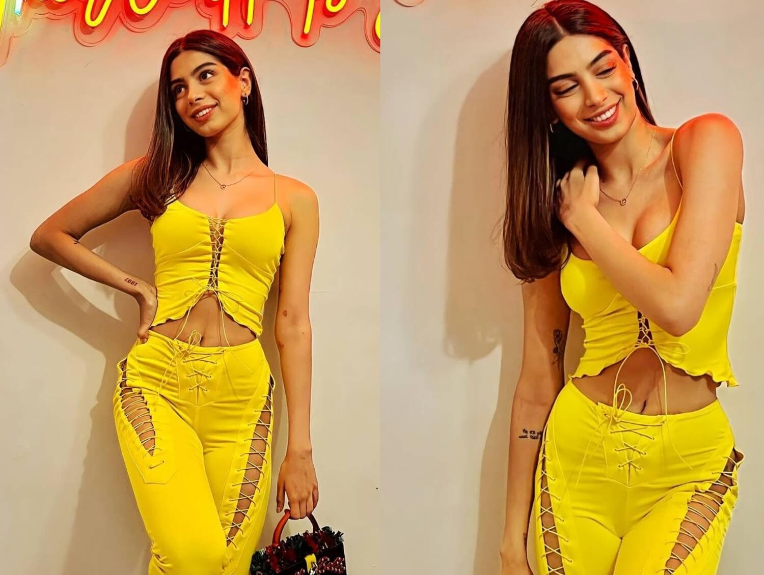 khushi kapoor hot look in yellow spaghetti top and pants