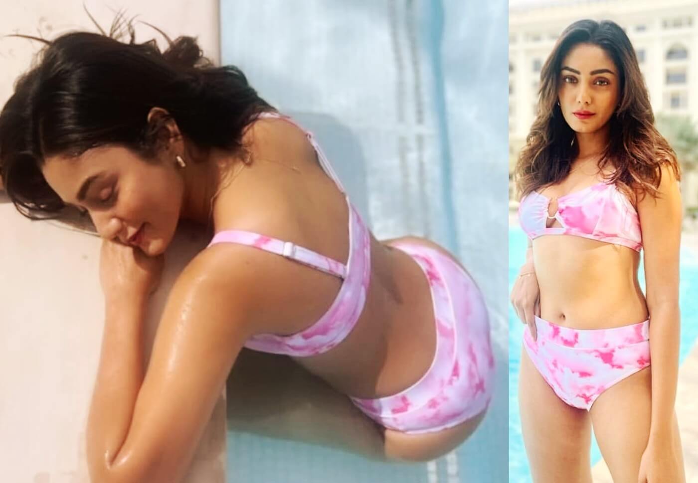 sana makbul pink printed bikini in swimming pool