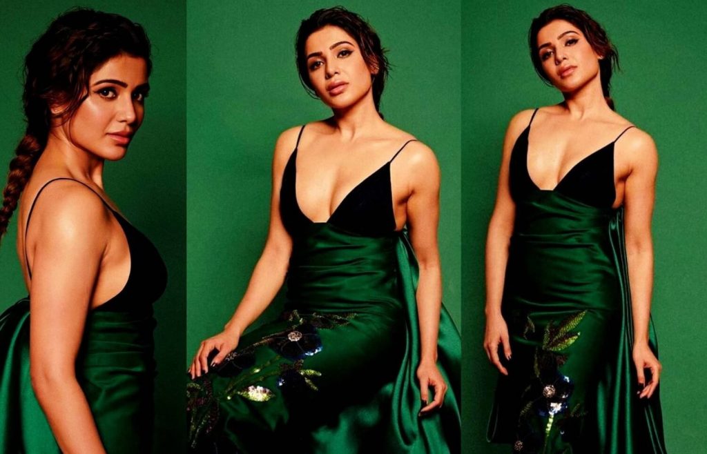 samantha ruth prabhu in a deep plunging green gown during critics choice film awards