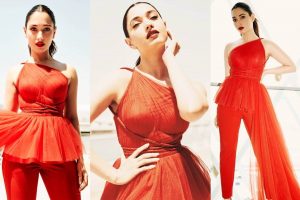 tamannaah bhatia bold red monochrome one shoulder top and pants