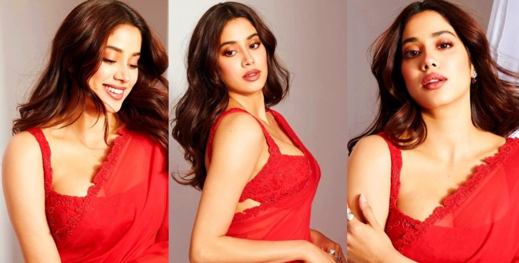 janhvi kapoor looking very hot in red saree
