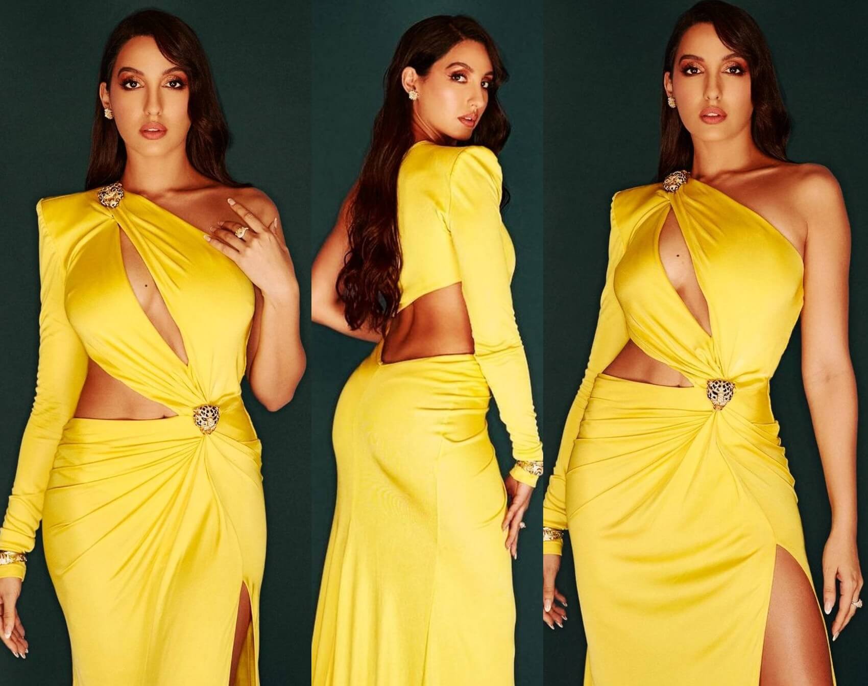 nora fatehi sexy photo in hot yellow cutout gown