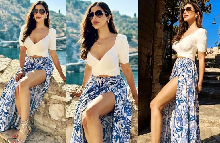 Sophie Choudry In A Floral Skirt And White Crop Top From Holiday In Turkey