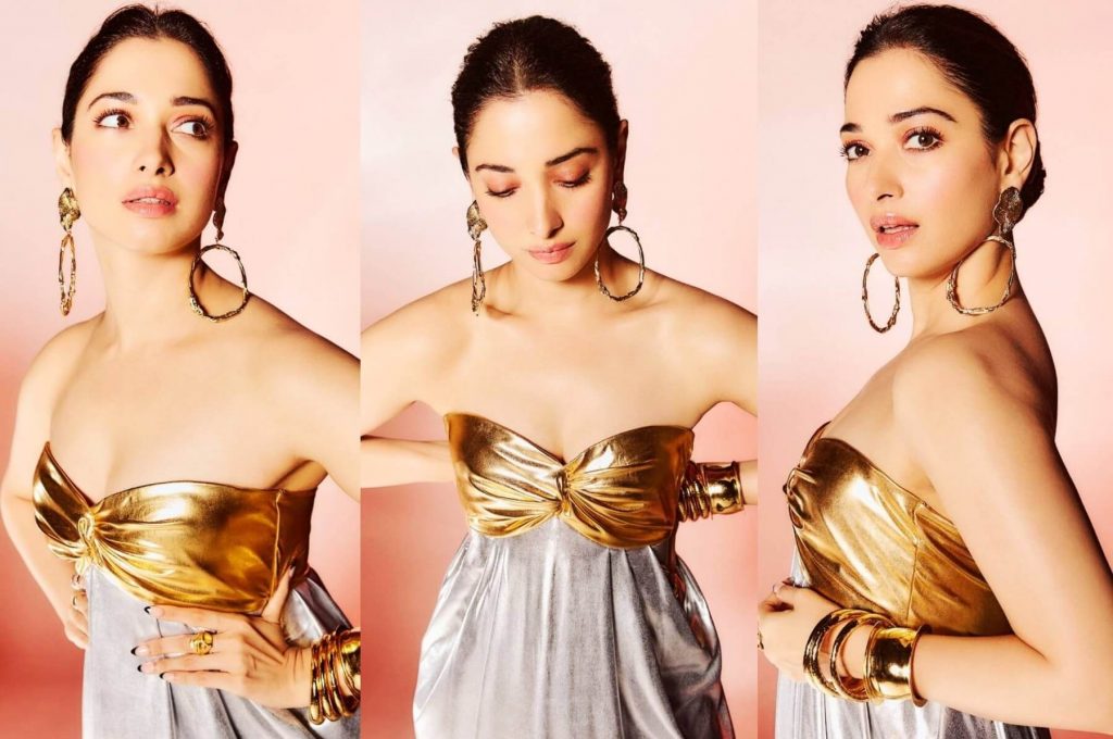 tamanna bhatia latest bold image gold and silver corset gown
