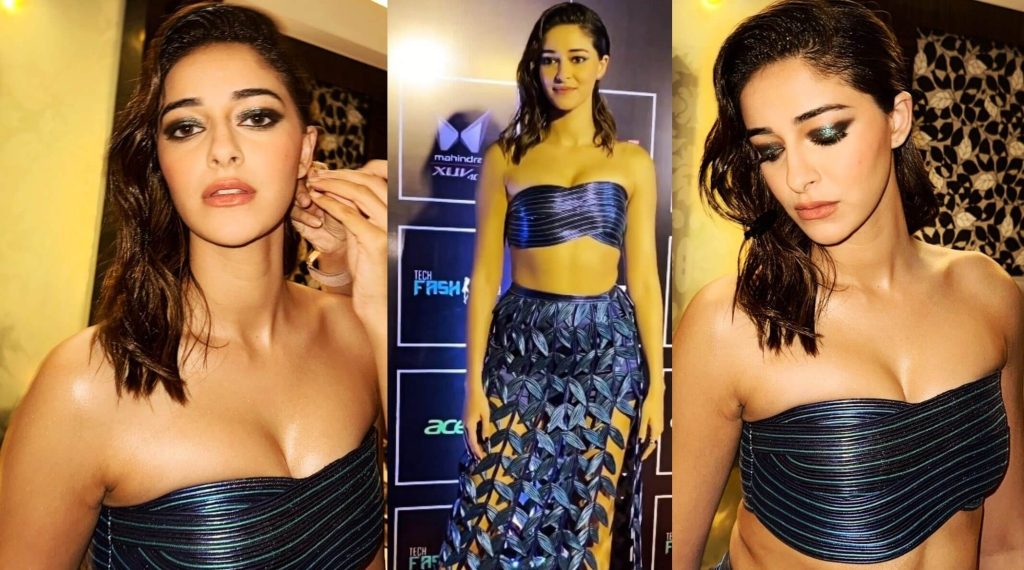 ananya panday in a sexy matallic blue bralette see through skirt photo