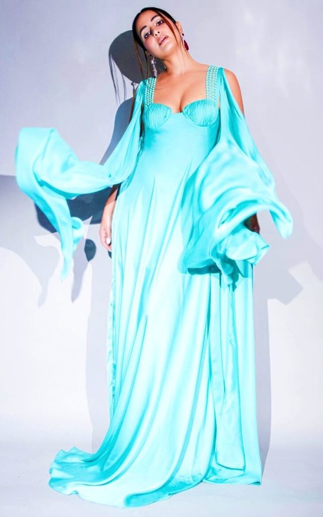 hina khan in a aqua blue gown
