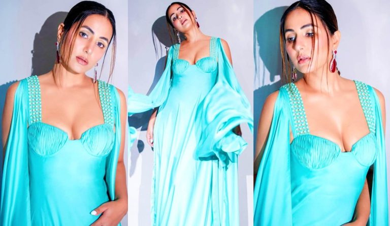 hina khan in a sexy aqua blue gown