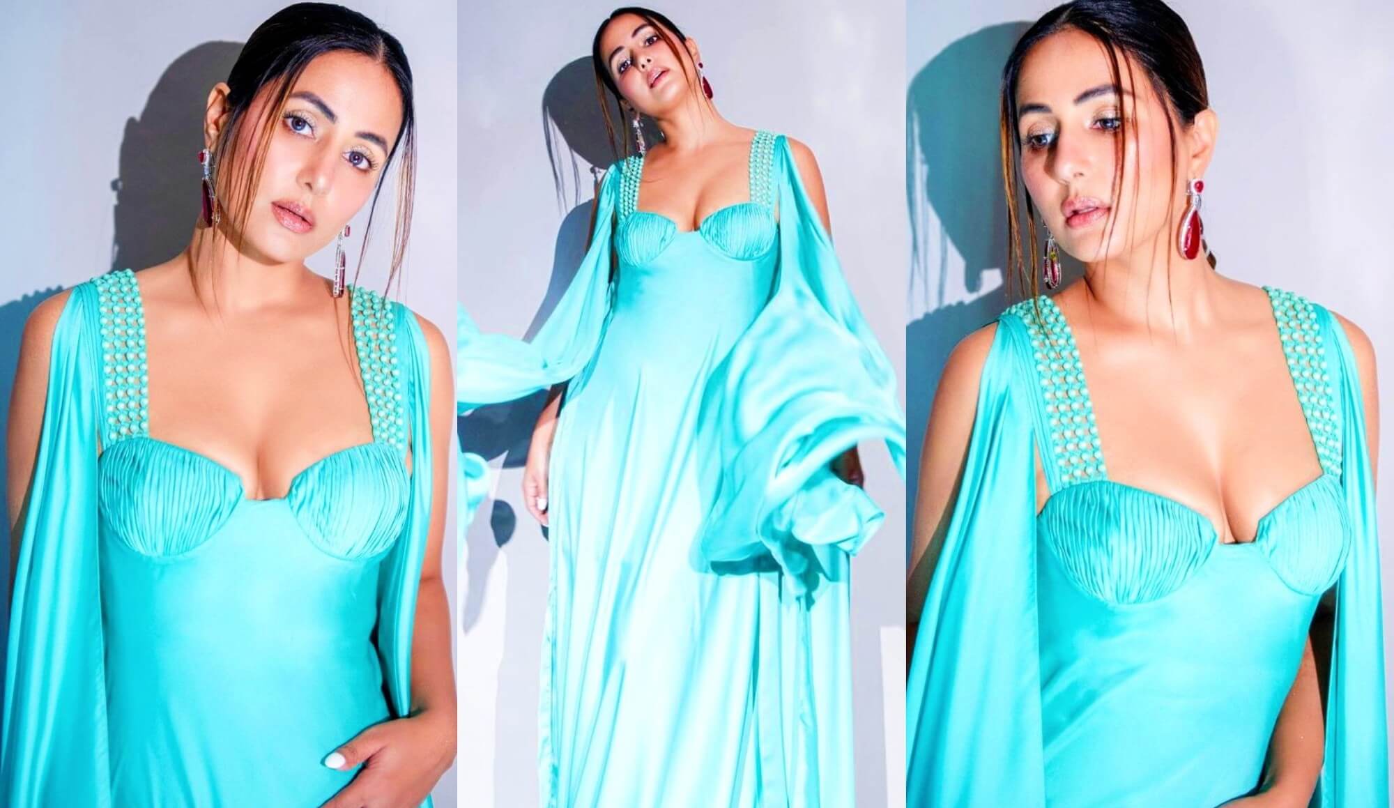 hina khan in a sexy aqua blue gown