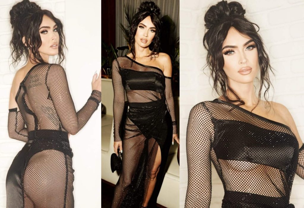 megan fox in a nude mesh sequined gown gq men of the year party