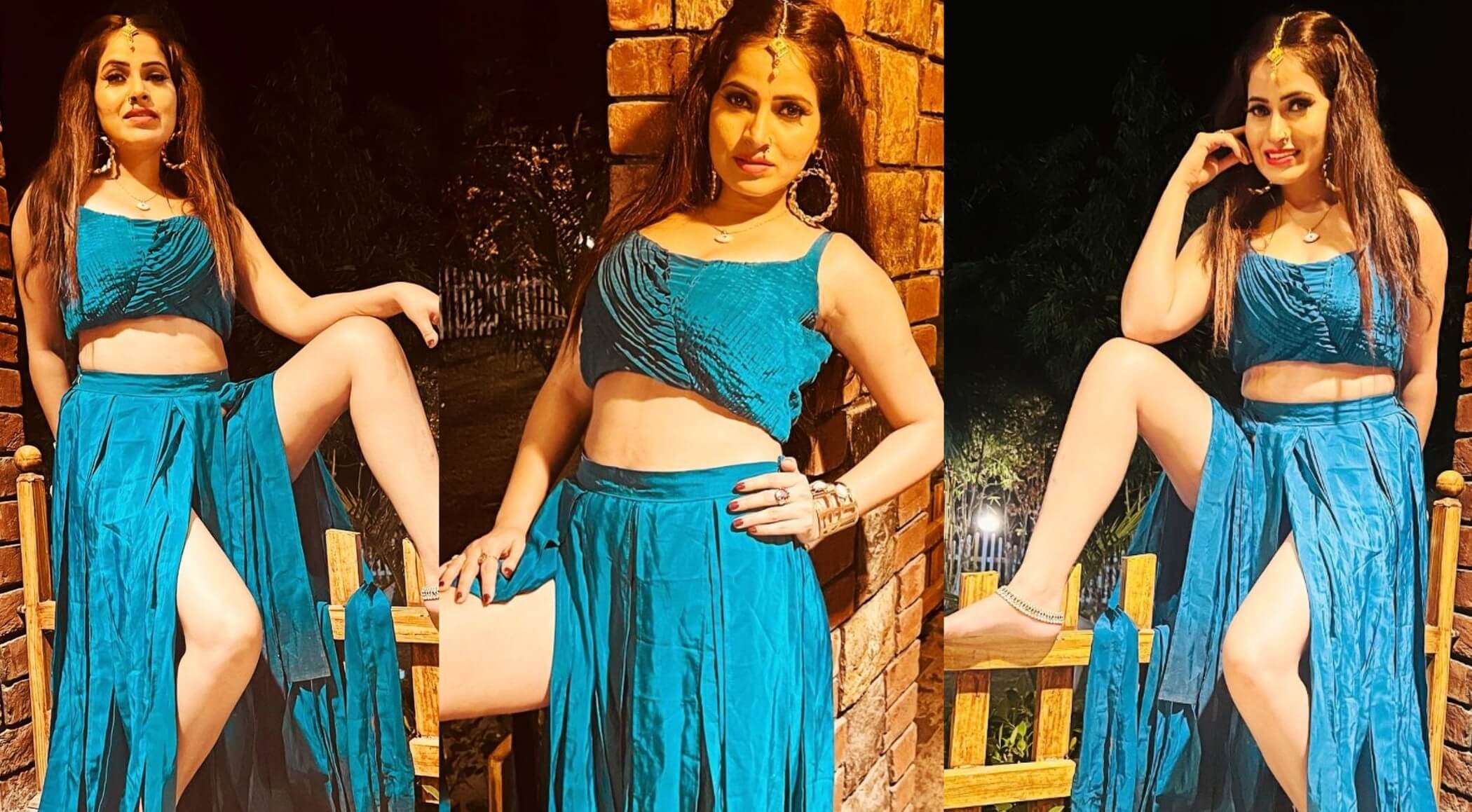 aayushi tiwari bhojpuri actress hot blue cutout skirt