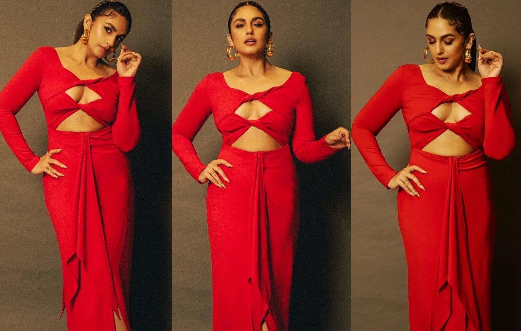 huma qureshi sexy hot red cut out gown