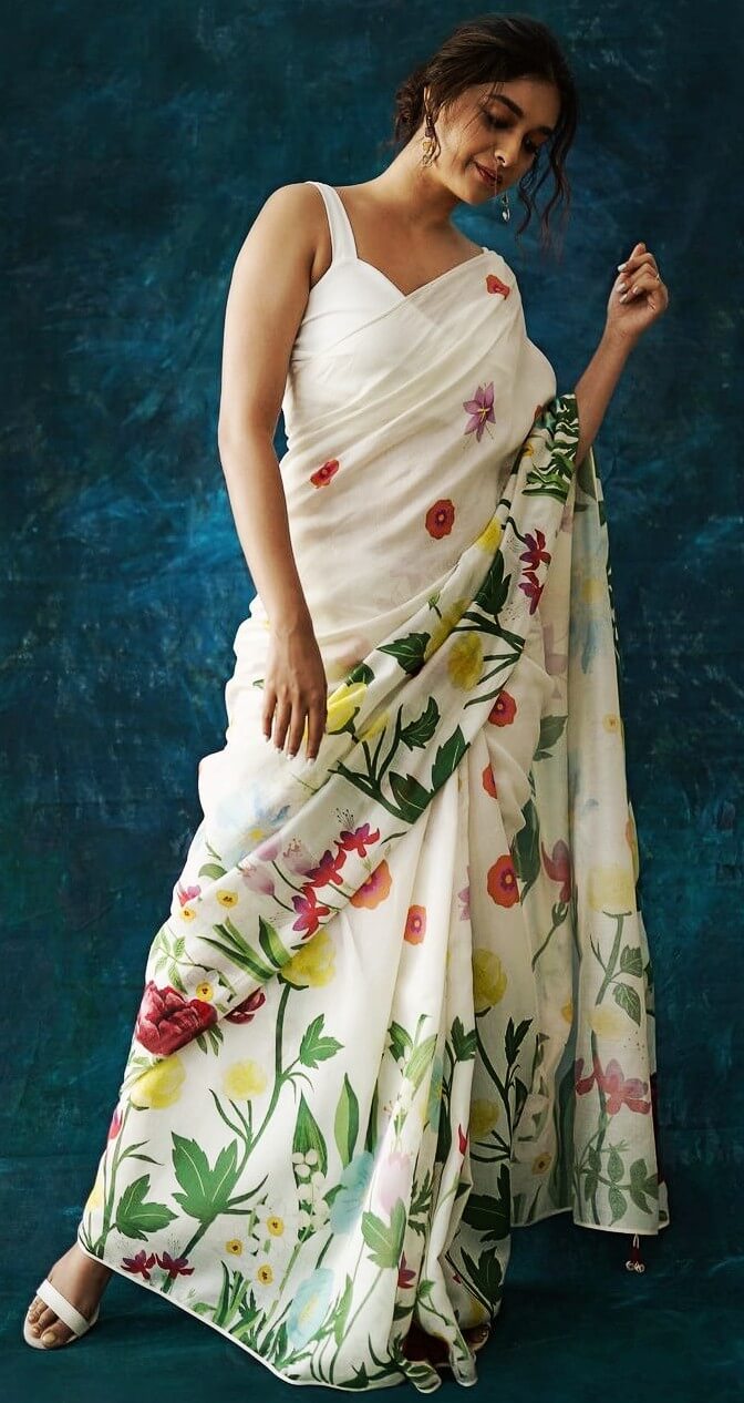 keerthy suresh latest white floral saree photo