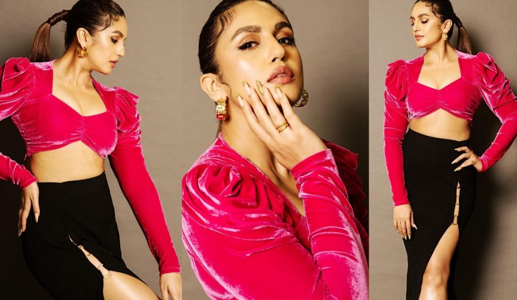huma qureshi in a hot pink crop top black skirt photo