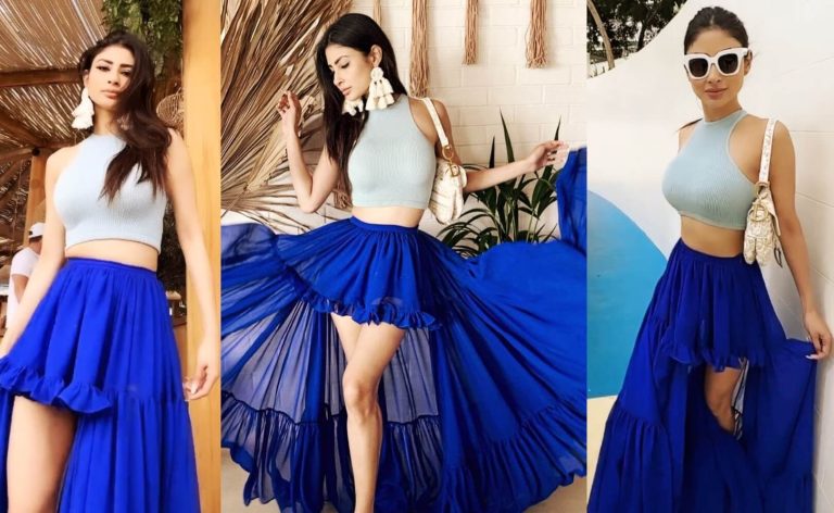 mouni roy in a hot crop top and ruffled skirt