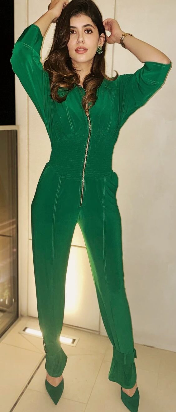sanjana sanghi dubai party photo wearing green jumpsuit 
