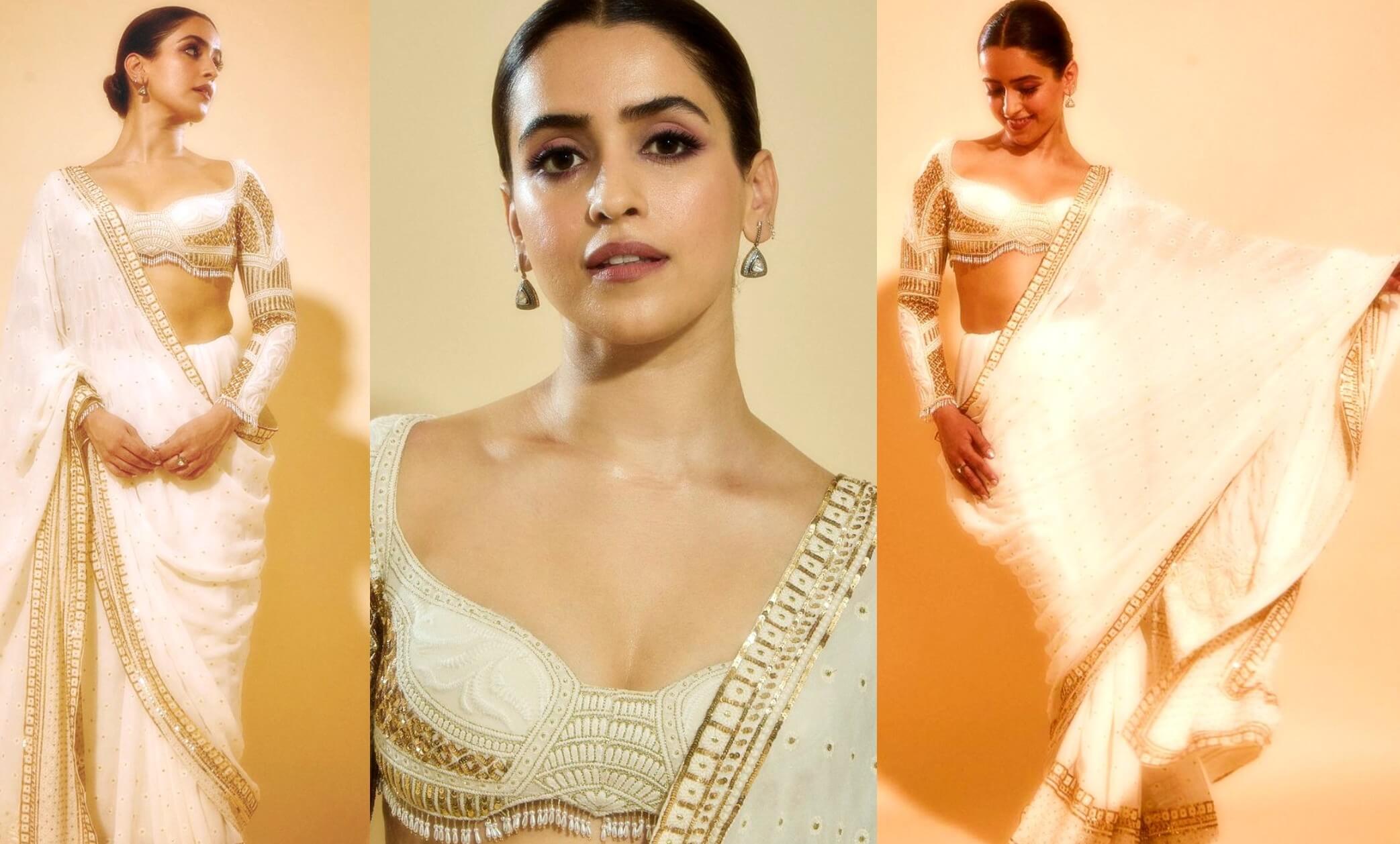 sanya malhotra ina white and gold saree designed by falguni shane peacock