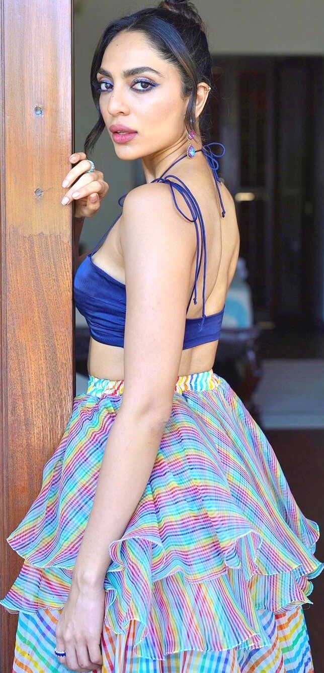 sobhita dhulipala sexy photo in tiny spaghetti strap blouse and multi colored skirt